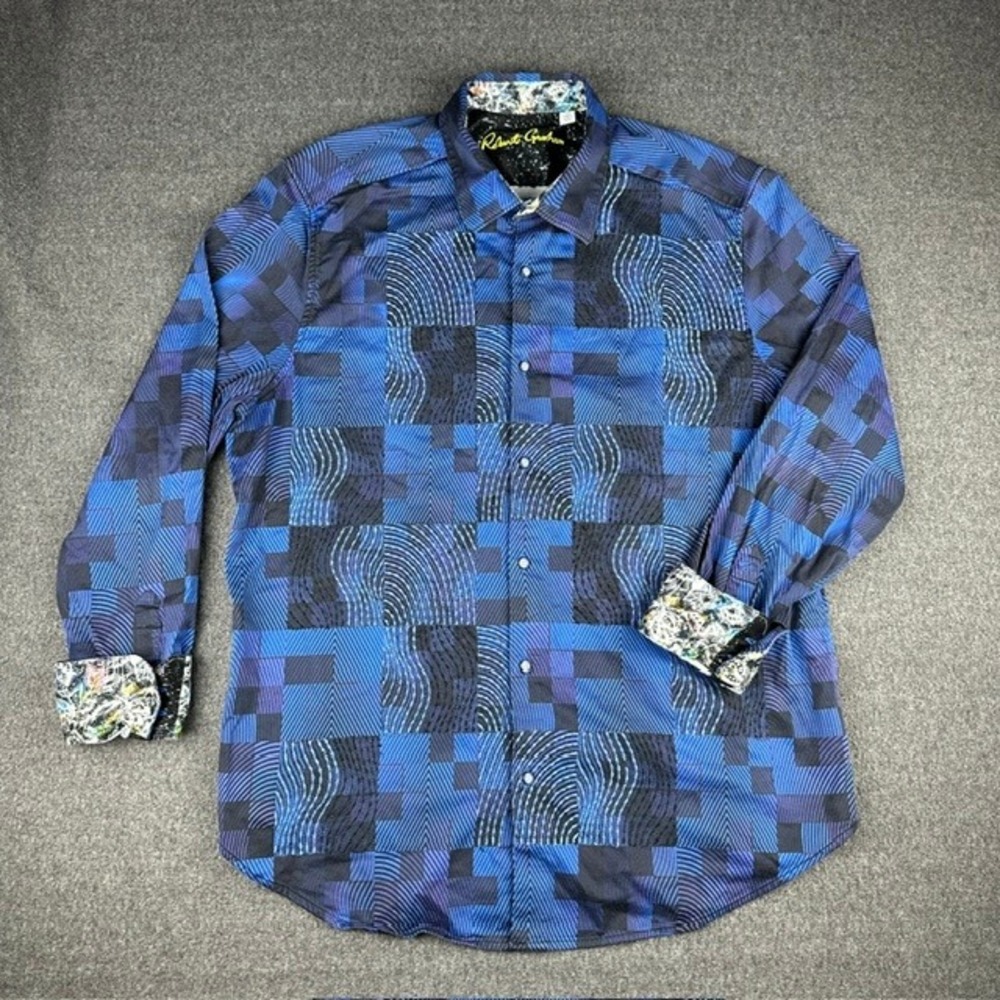 Robert Graham Masson Blue Geometric Embroidered Shirt Mens 2XL Classic Fit L/S